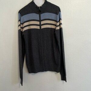 Murano Italian Merino Wool Gray  Blue Cream Striped Long Sleeve Zip Up Sweater M